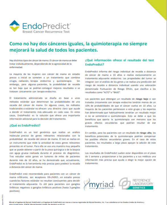 Endopredict® es un test genómico que realiza un análisis molecular preciso de genes relevantes relacionados con la probabilidad de recaída del cáncer de mama.